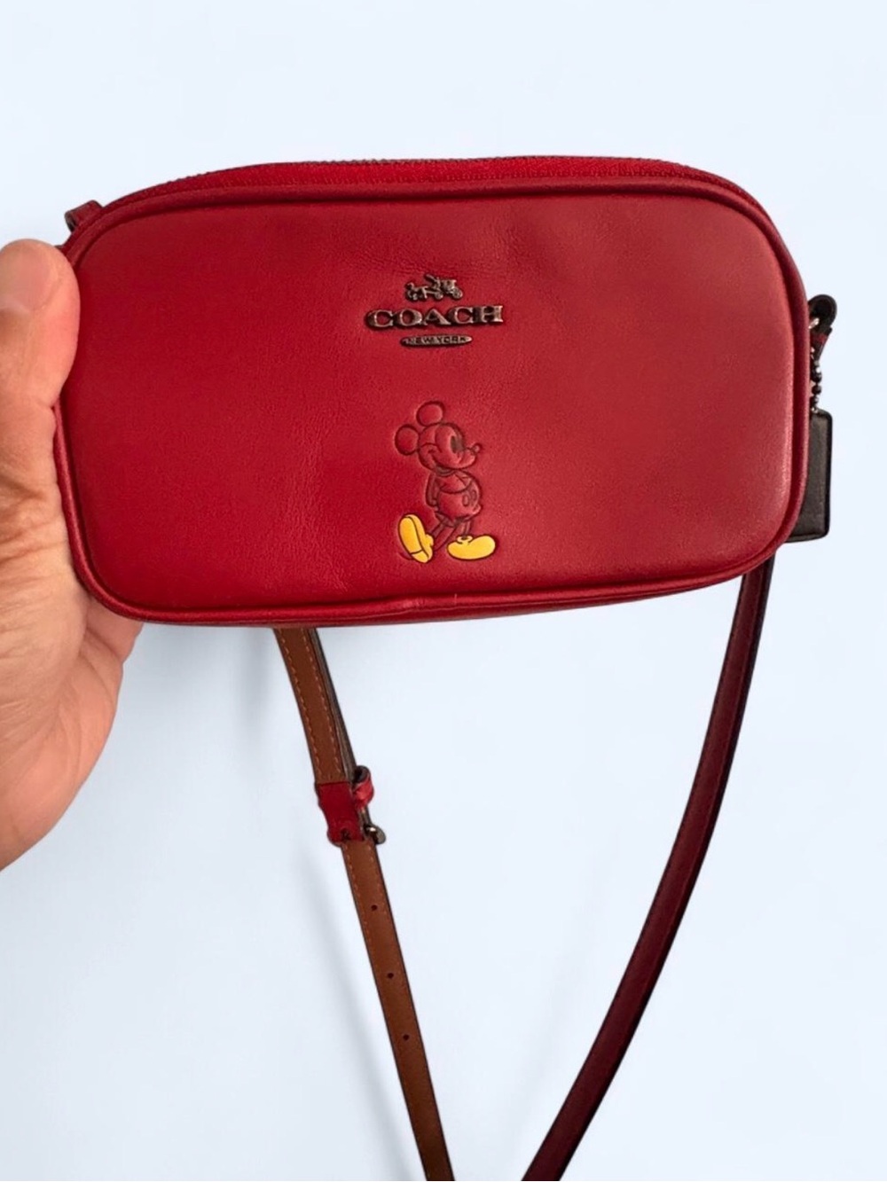 Coach Red Leather Crossbody with Mickey Mouse Accent and Brown Strap